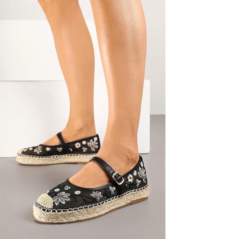 Women Mary Jane Espadrilles Embroidered Mesh Woven Outsole Ballet Flats size 9 - Picture 5 of 6